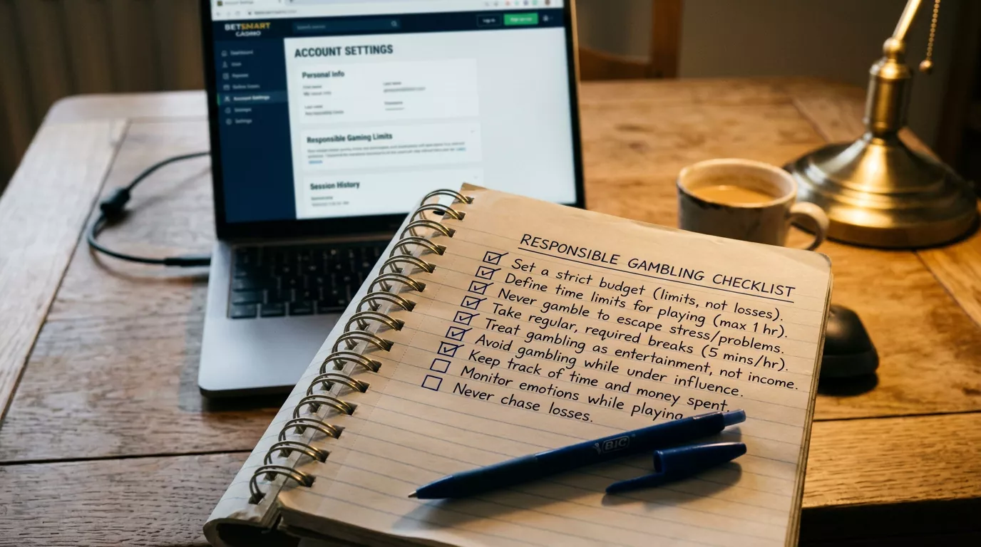 Notepad with a handwritten responsible gambling checklist next to a laptop showing an online casino account settings page